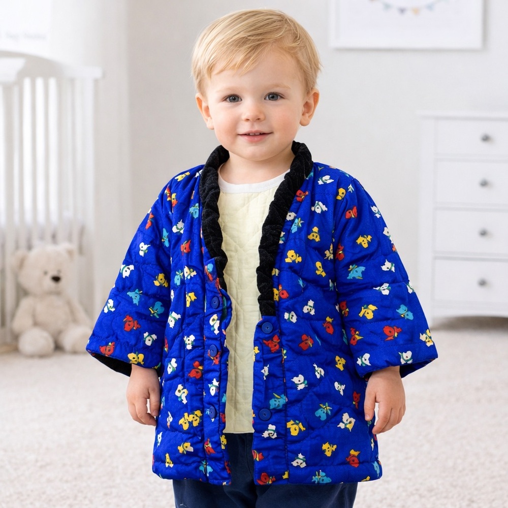 Vintage Kids Kimono Robe Blue Dog‎ Print Chinese Style Child Small